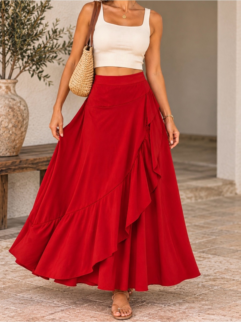Boho-vintage hot red JM Fleurette maxi skirt. Size M